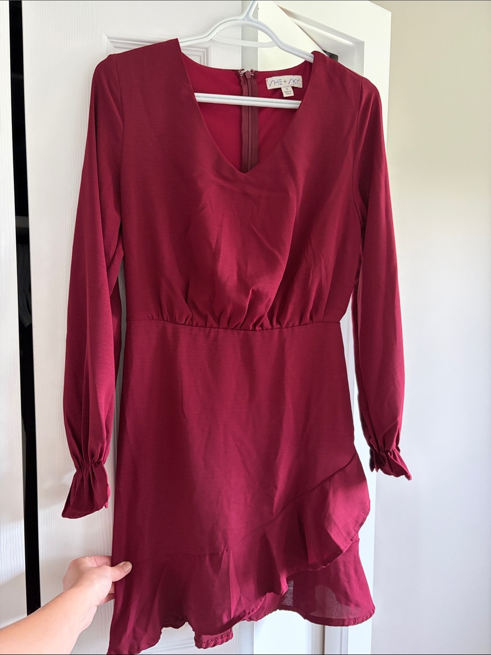 She + Sky Burgundy Long-Sleeve V-Neck Ruffle Dress